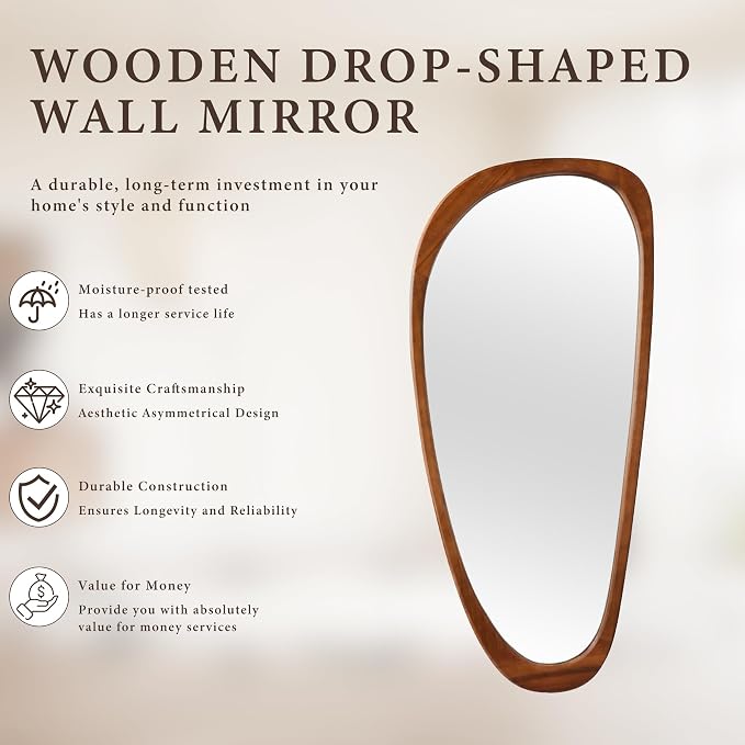 60''x22'' Asymmetrical Mirror with Wood Frame, Small Irregular Wavy Wall Mirror, Odd Shaped Mid Century Modern Mirror Decor for Bedroom Living Room Entryway Hall
