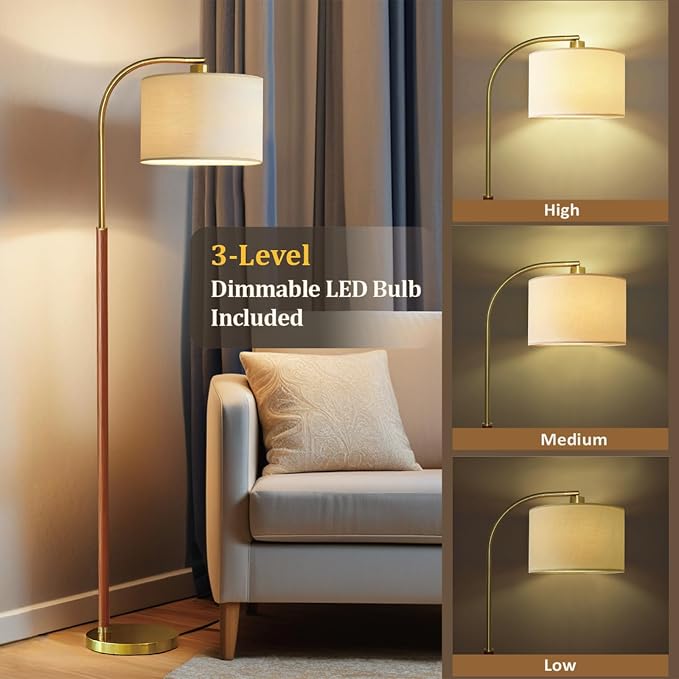 66” Walnut Gold Floor Lamp for Living Room, 1200 Lumens 3-Level Brightness Arc Floor Lamp for Bedroom, Wood Vintage Mid Century Modern Standing Lamp, Adjustable Lampshade, LED Bulb Included