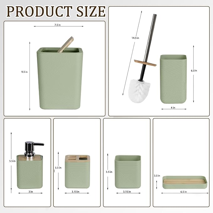 CERBIOR Bathroom Accessories Set 6 Piece Bamboo Bath Ensemble Includes Soap Dispenser, Toothbrush Holder, Toothbrush Cup, Soap Dish for Decorative Countertop and Housewarming Gift (Green)