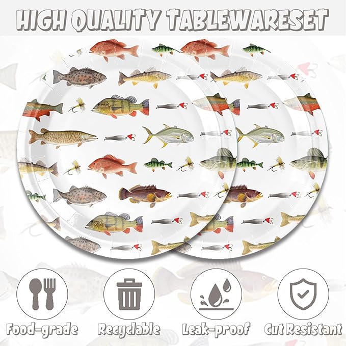 48Pcs GO Fishing Birthday Party Decorations Desserts Plates Napkins forks for 20 Guests Fishing Party Supplies for Kids
