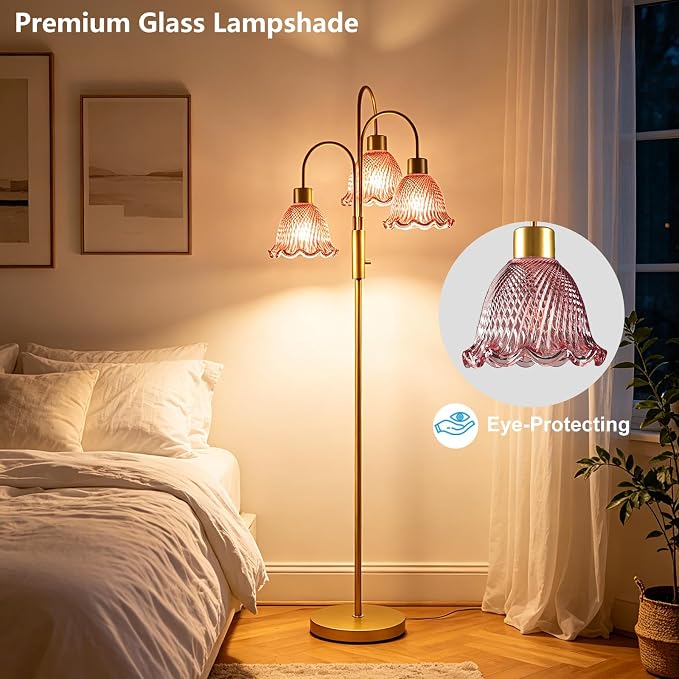 Lightdot 3-Light Glass Floor Lamp for Living Room, 70" Gold Dimmable Standing Tall Lamp with Deep Red Ribbed Glass Shades &3PCS 3000K Warm White Bulbs, Modern Tree Pole Lamp for Bedroom Home Decor