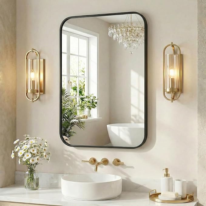 Sweetcrispy Bathroom Mirror for Over Sink, 20x28 Inch Wall Mount Mirror with a Rounded Rectangle and Matte Metal Frame, Modern Wall Vanity Mirrors for Home Decor, Living Room, Bedroom, Black