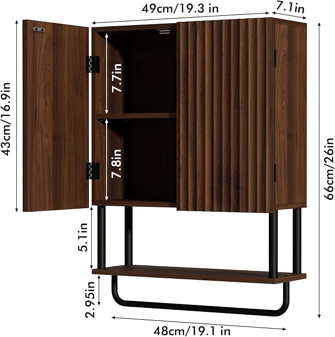 RUSTOWN Fluted Bathroom Wall Cabinet with 2 Doors, 3-Tier Modern Farmhouse Medicine Cabinet, Over The Toilet Storage Cabinet with Adjustable Shelf and Towel Bar (Dark Walnut, Medium)