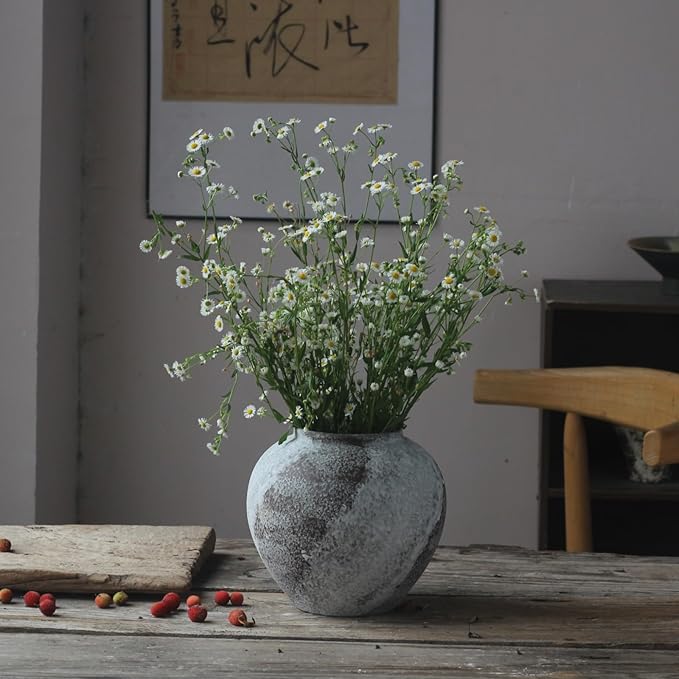 Rustic Distressed Large Ceramic Vase, 8.6 inch Terracotta Pottery Tall Decorative Vases, Concrete Vases Clay Stone Antique Big Vase for Home Decor (Round 8.6 in X 8 in)