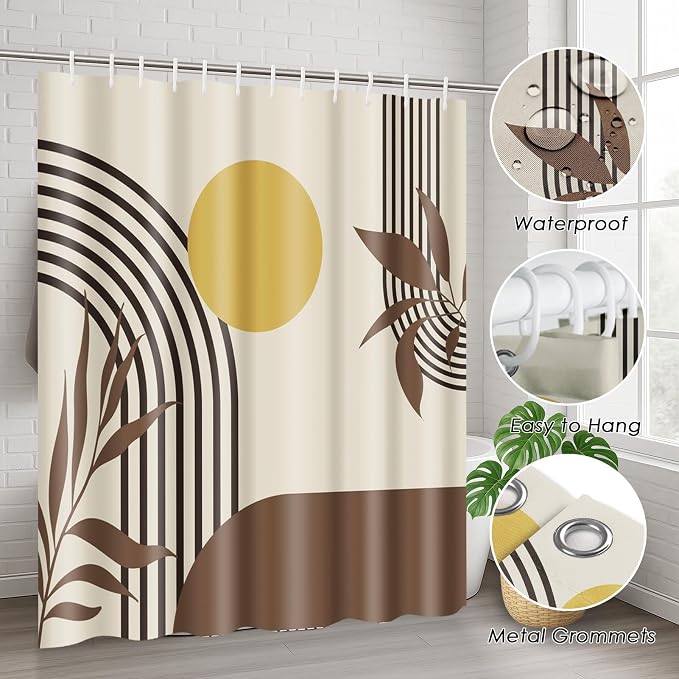 Boho Mid Century Shower Curtain Set with Toilet Lid Cover and Non-Slip Rugs, Abstract Geometric 4 Pcs Modern Minimalist Brown Yellow Vintage Shower Curtain for Bathroom Set with 12 Hooks