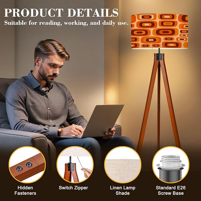 Wood Tripod Floor Lamp 70s Retro Seamless Pattern Orange Brown Yellow Beige 60s 70s Retro Mid Century Standing Lamp Linen Shade Dimmable Modern Tall lamp Home Decor for Living Room Bedroom Office