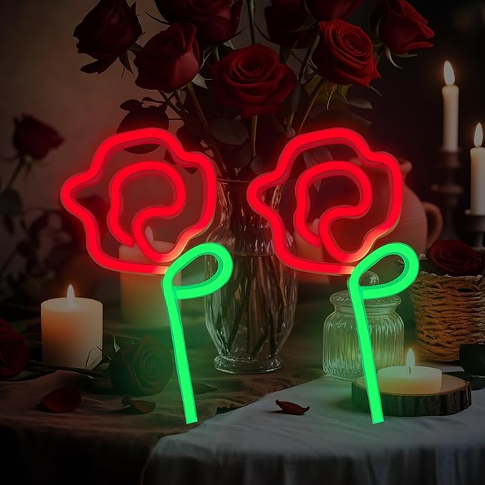 Rose Neon Sign - Red rose Flower with Green Stem Neon Art Wall Decor USB or 3-AA Battery Powered Operated for Girls Bedroom Birthday Gift Party Wedding Rose Lights for Bedroom (Red*2)