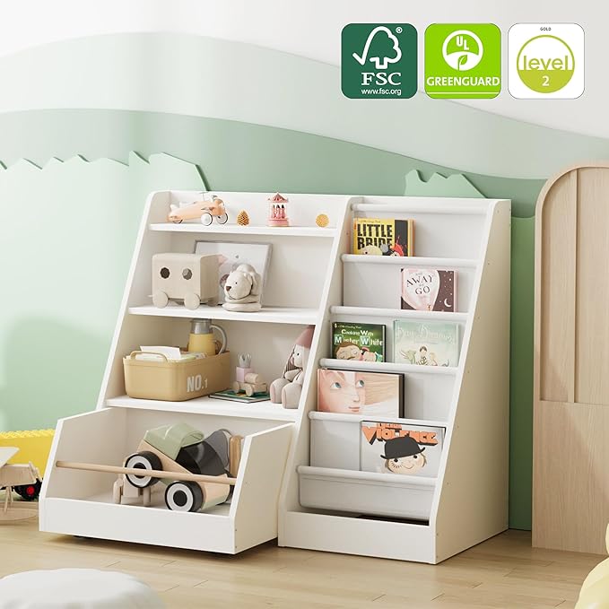 NACHES Kids Bookshelf,Toddler Bookcase Toy Bin with 1 Drawer 3 Sling Pockets –Children Bookshelf with Storage for Bedroom,Nursery or Playroom FSC Wood,Trapezoid 35" W, White (1 Movable Drawer)