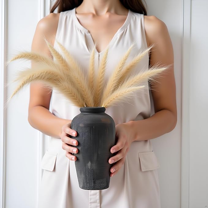 Large Ceramic Vase, 11 inch Minimalist Vase for Home Decor, Handmade Farmhouse Flower Vase for Table Centerpiece, Wedding, Living Room, Kitchen Decoration, Shelf Decor (Black)