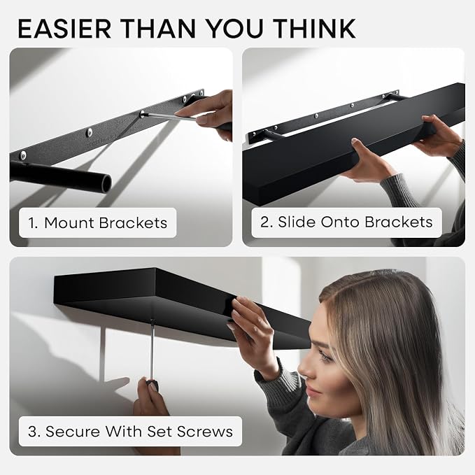 Homeforia Black Floating Shelf 20 inch, High End Solid Real Wood 20inch Bathroom Floating Shelves for Wall Mounted, Black Wooden 20in Floating Shelves, Heavy Duty Bracket, 20 X 6.5 X 1.75 in, Set of 3