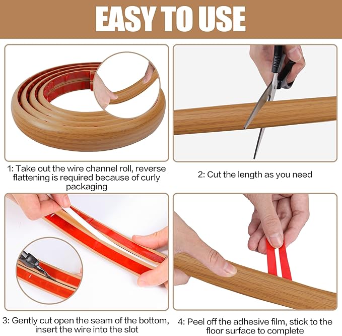 Floor Cord Cover Self Adhesive Cord Hider,10FT Cable Management, Extension Strip Protector for Wires, Prevent Cable Trips for Offices, Gyms, Exhibitions Cavity:0.39"(W) x 0.27"(H) Brown Wood