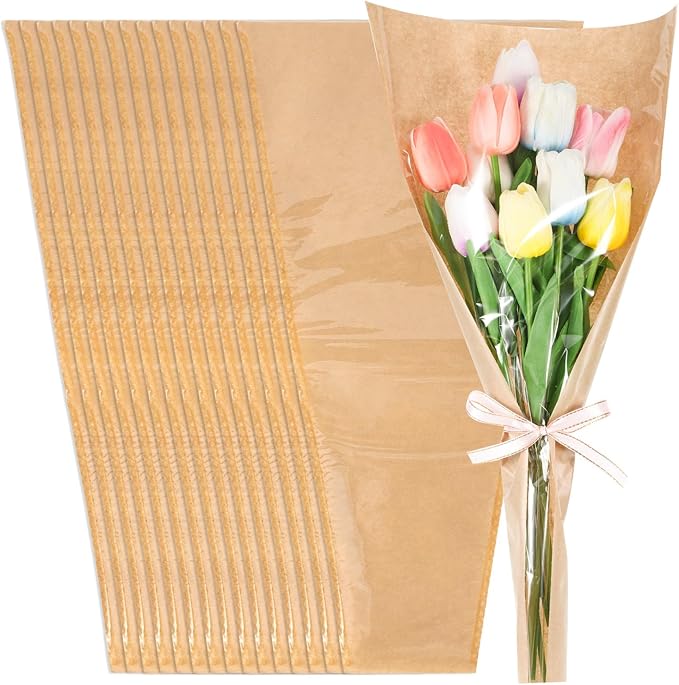 100 Pcs Flower Bags for Bouquets, Clear Bouquet Wrapping Paper, Kraft Flower Wrapping Paper for Florist Supplies Wedding Birthday Graduation Anniversary Mother's Day Gifts, 9.4x3.5x17.7 Inch