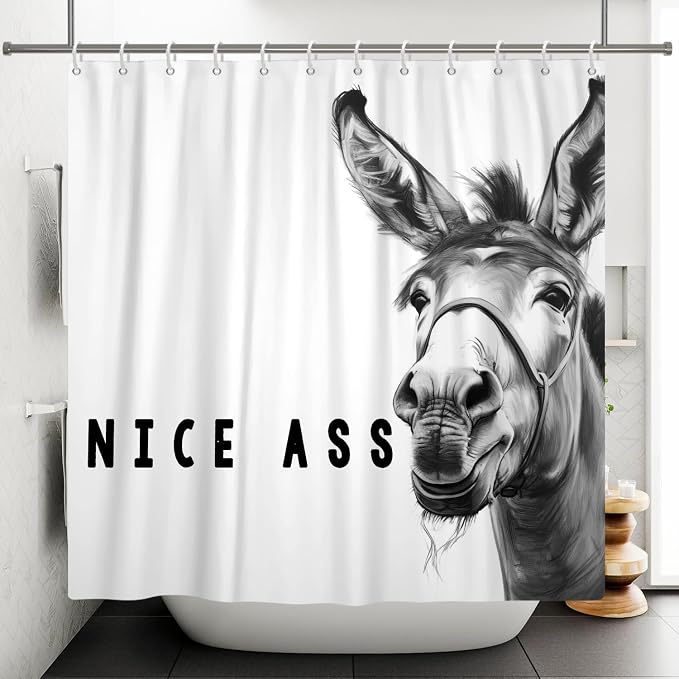 Funny Donkey Shower Curtains Joke Hilarious Animal Bathroom Curtain Rustic Farmhouse Cute Donkey White Shower Curtain Sets for Bathroom Extra Long 72x96 in with 12 Hooks