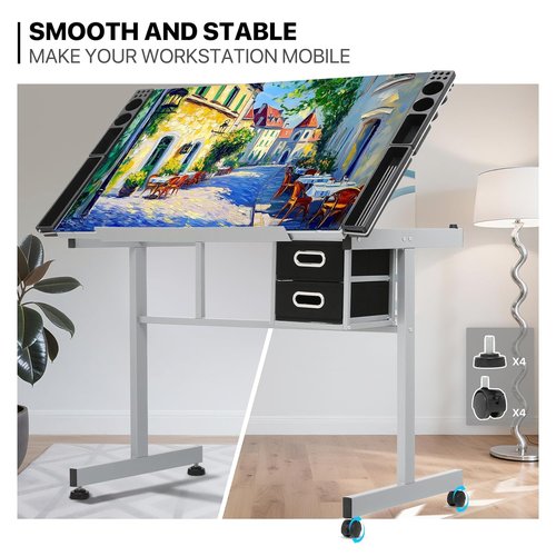 MoNiBloom Drafting Table - Adjustable 0-65° Glass Top on Wheels with Storage & Side Tray