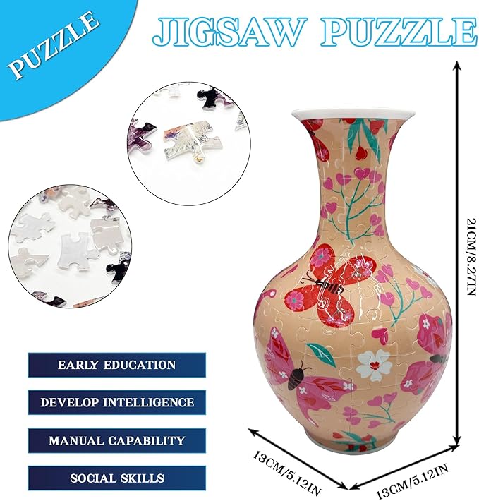 3D Puzzle Vase with LED Light, 164 Pieces Butterfly Floral Design – Durable Plastic 3D Jigsaw for Adults, Unique Gift & Decorative Light-Up Vase