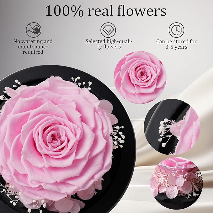 Flowers for Delivery - Forever Flowers Rose in Glass Dome with LED Lights, Large Size Preserved Roses Gifts for Women, Mom, Wife, Friend -Birthday, Anniversary, Valentine's Day Gift (Pink)