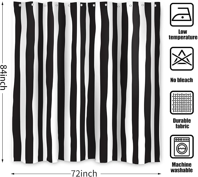 Black and White Extra Long Shower Curtain, Striped Boho Minimalist Modern Waterproof Fabric Machine Washable for Bathroom Decor Bathtub with Hooks 72Wx84H