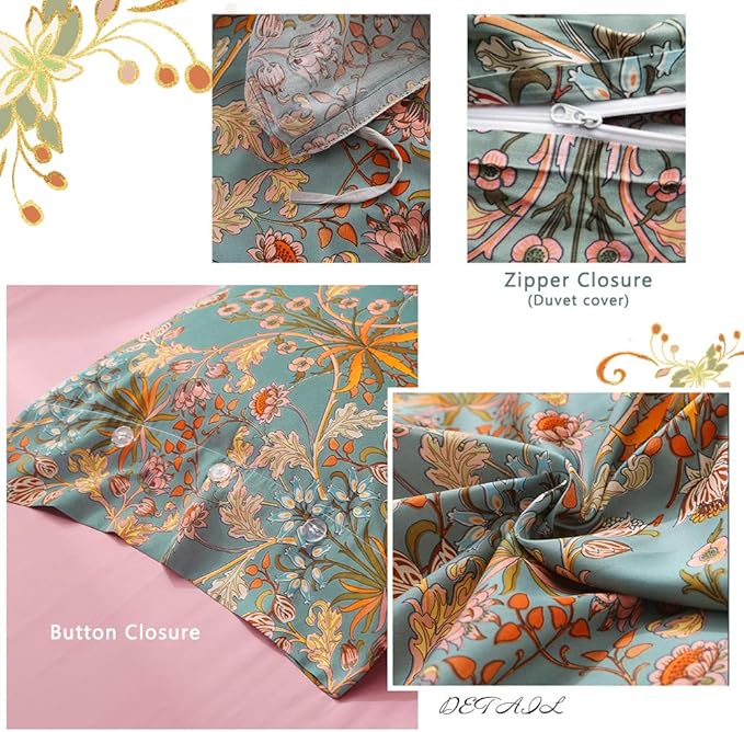 VM VOUGEMARKET Green Gold Duvet Cover Queen,Medallion Paisley Print Bedding Set 400 Thread Count Percale Cotton Vibrant Bohemian Pattern Quit Cover with Zipper Closure