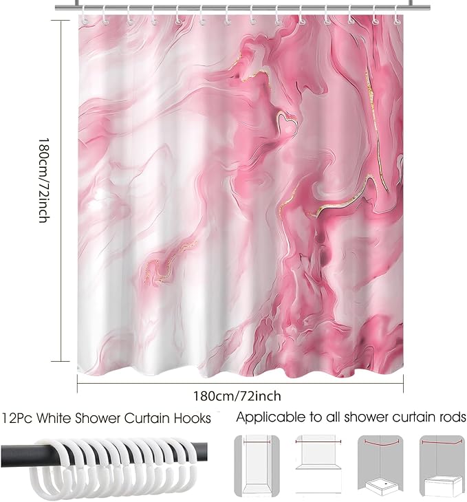 Mocsicka Shower Curtains for Bathroom, Pink Marble Shower Curtain for Bathroom, Pink and White Shower Curtain Modern Art Decor Waterproof Fabric Bath Curtain for Modern Bath Decor, 72 X 72 Inch
