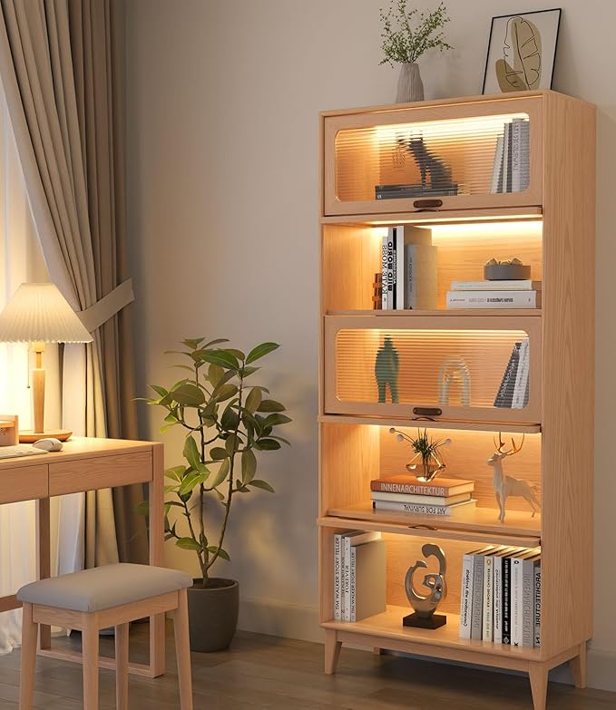 5 Tier Solid Wood Bookcase with Tempered Glass Doors Elegant Wooden Book Shelf with Doors 72H/32w/14 inch Log Khaki, Luxury Antique Bookcase Artwork Book Shelves/case for Home Office