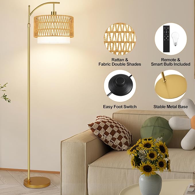 Gold Floor Lamps for Living Room Rattan Boho Floor Lamp with Remote Control & 3 Color Temperature, Dimmable Arc Floor Lamps Wicker Lamp Shades Brass Standing Lamp Tall Floor Lamp For Bedroom Corner