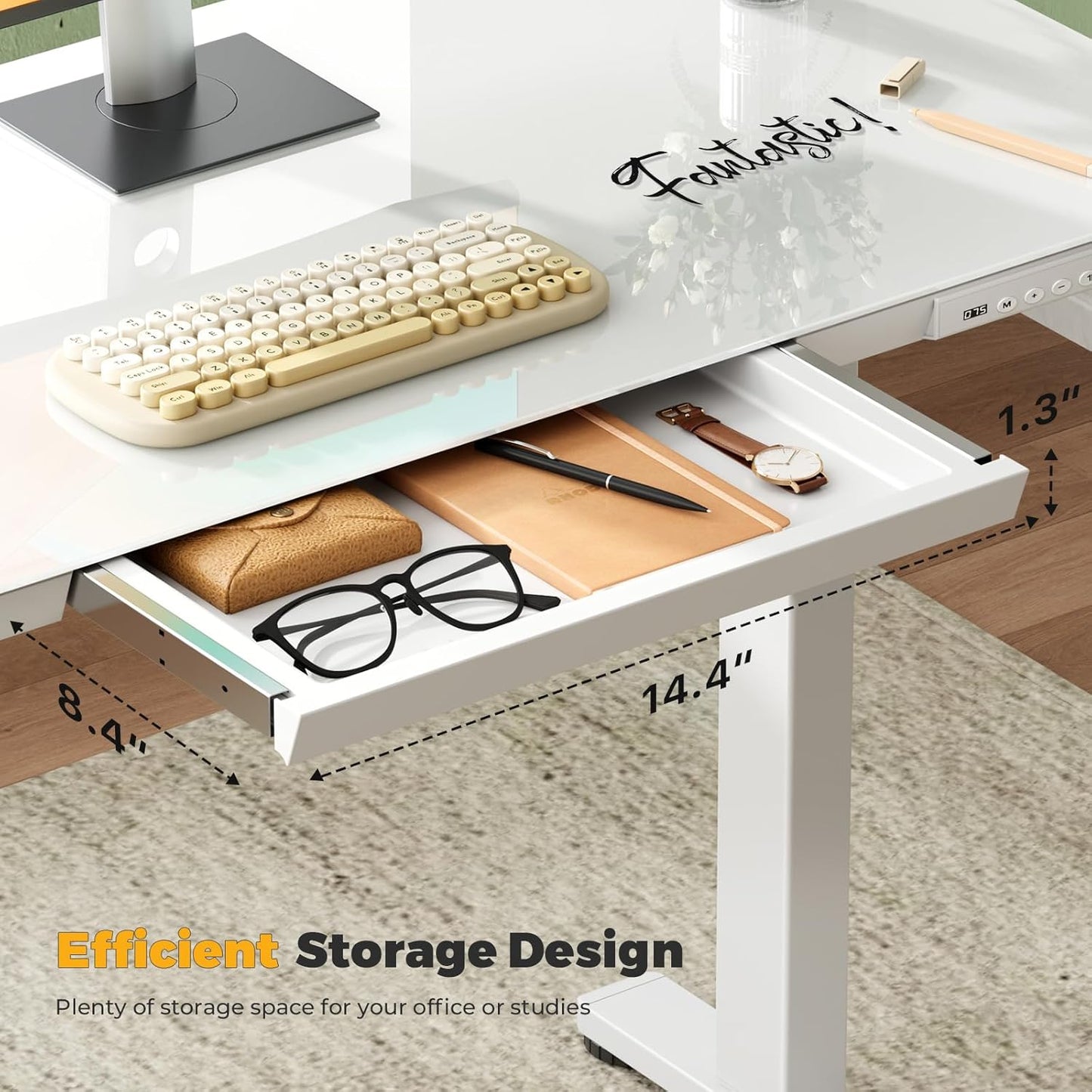 Skiennix Glass Electric Standing Desk - Height Adjustable with Drawer & USB Ports | 35" x 20" White