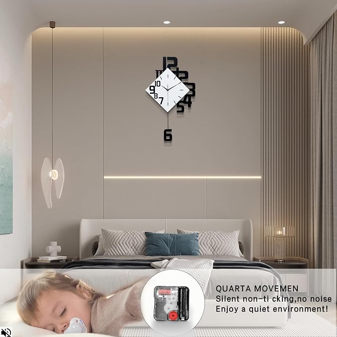 FLEBLE Modern Wall Clocks for Living Room Decor Large Decorative Wall Clock with Pendulum Battery Operated for Bedroom Office Kitchen Home Black Wood Silent Small Wall Clock Non Ticking