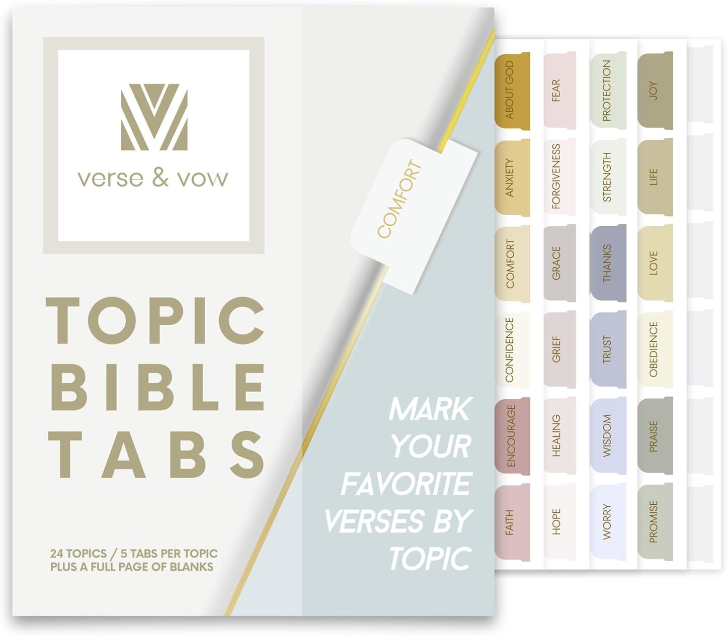 Verse & Vow Bible Tabs - 150 Topic Markers with Blank Tabs for Prayer & Journaling | Organized by 24 Themes