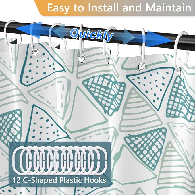 Mint Green Shower Curtain for Bathroom, Waterproof Machine Washable Ployester Fabric Shower Curtain Set with 12 Hooks, Triangle Modern Art Abstract Geometric Decorative Bath Curtains, 72x72 Inches