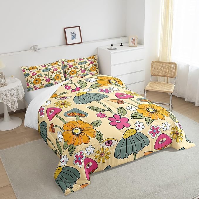 Castle Fairy 70s Retro Floral Bedding Comforters King Size,Hippie Flowers Leaves Comforter Set for Children Xmas Gift,Cartoon Eyes Mushroom Quilt Set Bedroom Decor, 2 Pillowcases