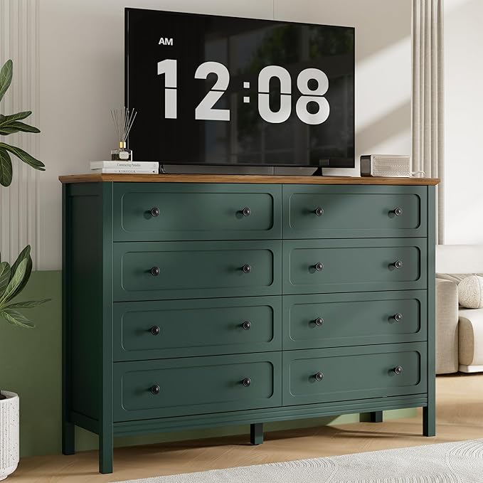 Green Dresser for Bedroom, 8 Drawer Dresser with Metal Handles, 55" Wide Modern Dressers & Chest of Drawers for Living Room, Hallway, Entryway