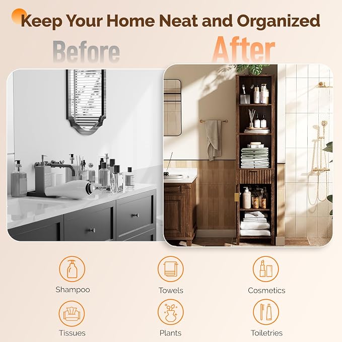VINGLI 68" Tall Narrow Bathroom Storage Cabinet, Slim Freestanding Floor Cabinet with Fluted Door & Drawer, 12 Inch Deep Skinny Wood Organizer for Small Spaces, Kitchen & Living Room, Dark Walnut