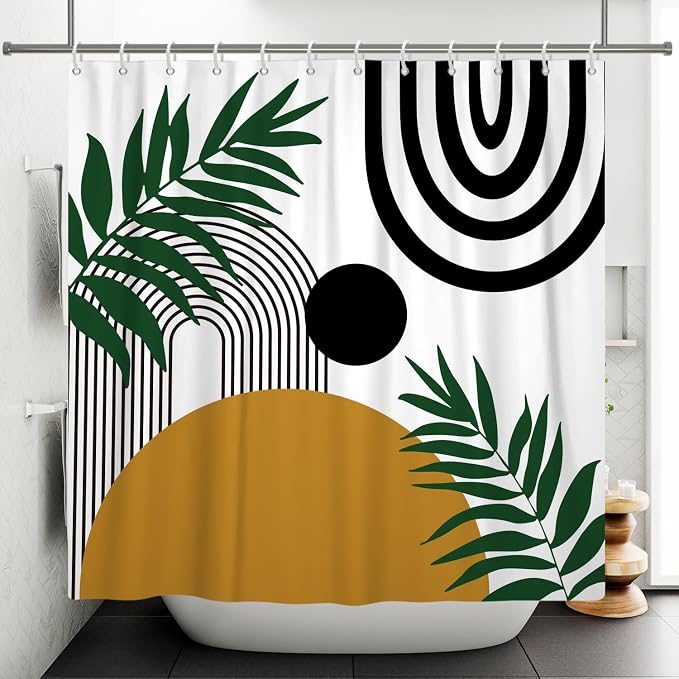 Boho Mid Century Shower Curtain Bohemian Abstract Modern Sun Bathroom Curtain Geometric Arch Curve Leaves Polyester Shower Curtain Sets for Bathroom Extra Long 72x72 in with 12 Hooks