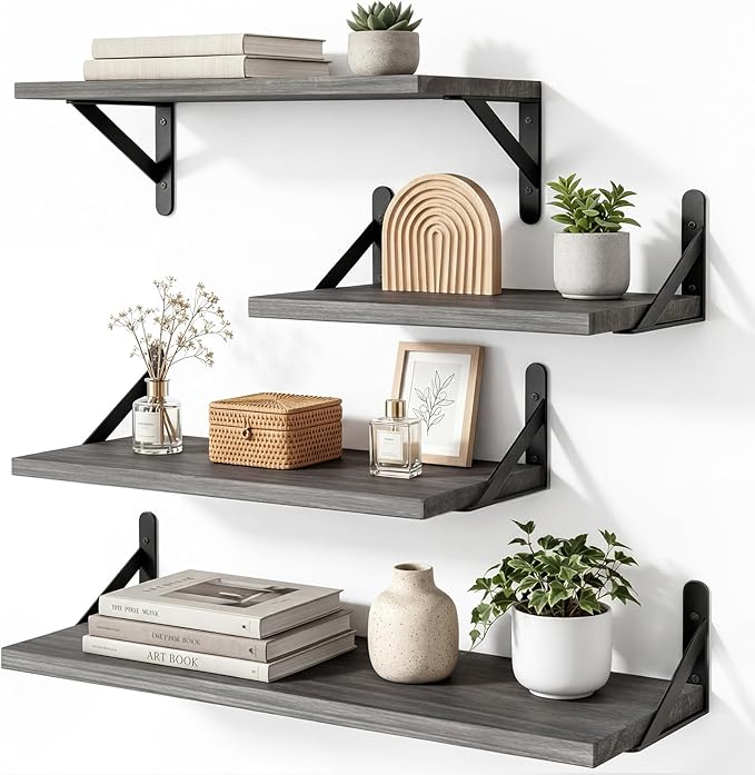 YGEOMER Floating Shelves for Wall, Different Sizes Weathered Gray Wall Shelves for Living Room, Bathroom, Bedroom, Kitchen, Home Decor (Set of 4)