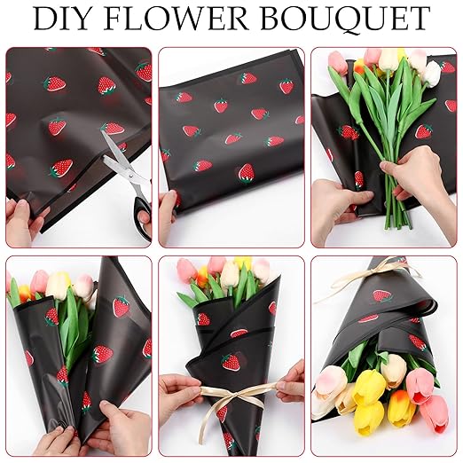 20 Sheets Flower Wrapping Paper, Translucent Strawberry Matte Black Wrapping Paper With Ribbon, Black Floral Papers for Bouquets, Wrapping Papers for Gifts Birthday Wedding Christmas Girl Halloween