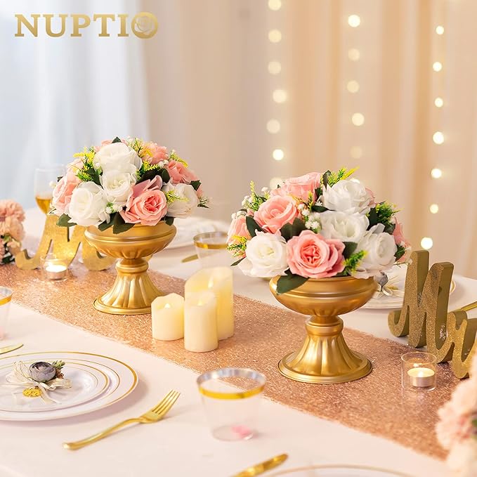 Nuptio Gold Vases for Centerpieces Wedding - 2 Pcs 6.5in Height Metal Urn Planter for Tables - Trumpet Vase for Party Decoration