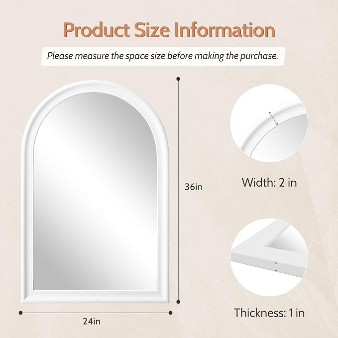 Arched Bathroom Mirror 24x 36 Inch, White Framed Decorative Wall Mount Mirror with Tempered Glass for Entryway, Living Room, Bedroom, Hallway Fireplace Mantel Decor
