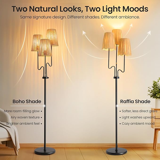 Raffia Floor Lamp, 68in. Dimmable Boho Floor Lamps with Natural Raffia Shade, 3-Light Standing Lamp with Weighted Base, Soft Uplight for Living Room, Bedroom, Reading Corner (Dimmable-Raffia Shade)