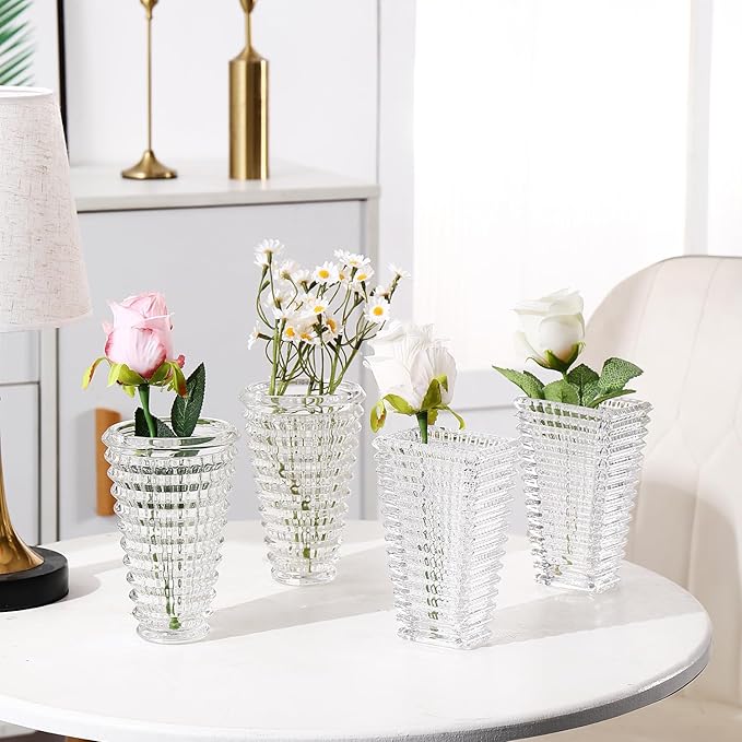 MCMCNCUIU Crystal Flower Vase Set of 4, Glass Vases for Centerpieces, Clear Vases for Flowers, Small Vase for Living Room, Bedroom, Kitchen, Office, Wedding