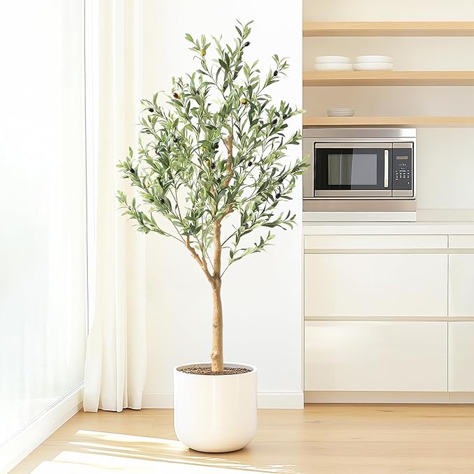 Tall Faux Olive Tree，5Ft(60in) Realistic Texture Potted Silk Artificial Olive Tree， Fake Olive Trees Indoor Outdoor for Home Office Living Room Bedroom Foyer Porch Decor.
