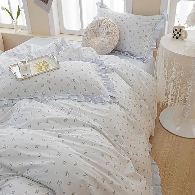 LifeTB Floral Lace Duvet Cover Queen Cute Blue Flower Duvet Cover Romantic Ruffle Comforter Cover Vintage Princess Lace Beddding Cover Botanical Floral Comforter Cover Cottagecore Bedding Set Queen