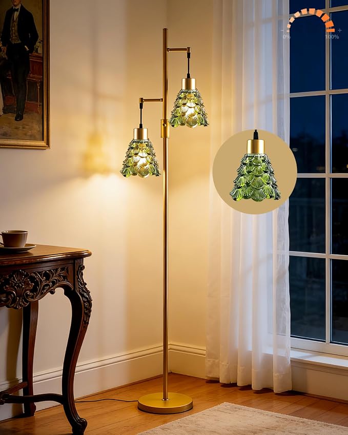 Lightdot 65IN Glass Floor Lamp for Living Room, 2- Light Gold Floor Lamps with Green Glass Shade& Warm White Bulbs, Modern Standing Tall Lamp with 5Lbs Heavy Base for Bedroom/Corner Beside/Home Decor