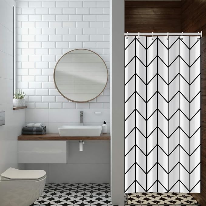 Boho Herringbone Shower Curtains Black White Zig Zag Geometric Bathroom Curtain Minimalist Abstract Polyester Shower Curtain Sets for Bathroom Extra Long 36x72 in with 6 Hooks