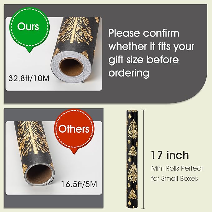 Flyhill Black Kraf Christmas Wrapping Paper,Gold 3D Embossed Foil Christmas Pine Tree with Woodlands Wrap Paper for Holiday, Party,Celebration, New Year (17 Inch X 32.8 Feet)