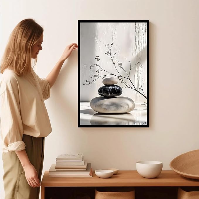 Gray and black stone pile and dried flowers poster canvas wall art in harmony Minimalist wall art for tranquil homes and mindful spaces 12x18in Metal blackFramed
