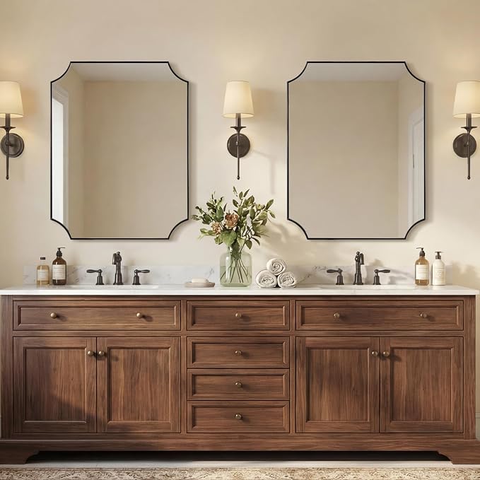 ANDY STAR Bathroom Vanity Mirror, 28x36 Inch Matte Black Mirror, Modern Scalloped Mirrors for Bathroom, Unique Wall Mirror with Aesthetic Scalloped Corner Design