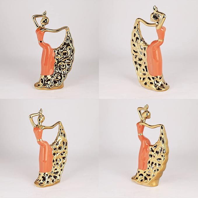 DOVDOV Abstract Ceramic Dancer Decorations, Orange and Gold Home Living Room Decorations for Coffee Table Entryway Bedroom Dresser Display Stand Decoration