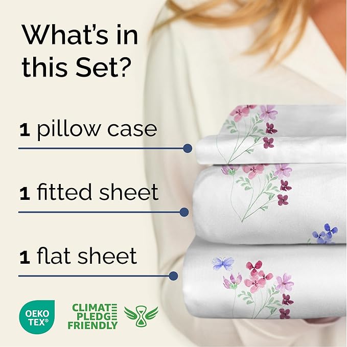 Floral Sheets - Butterfly Floral Bed Sheet Set - 1 Flat, 1 Fitted & 1 Pillowcase w/ Deep Pockets - Comfy, Wrinkle & Fade Free - Boho Botanical Bedding - Soft, Breathable and Cooling - Twin Size Set