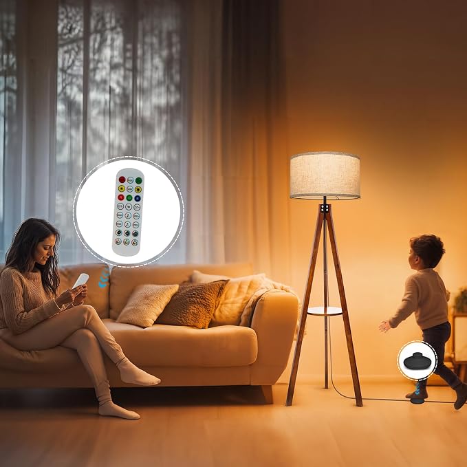 EOEYYOYB Floor Lamps with Shelf, Modern Standing Lamp with 3 Color Temperature Led Bulb, Tall Lamps with Foot Switch for Living Room Bedroom and Office, Walnut