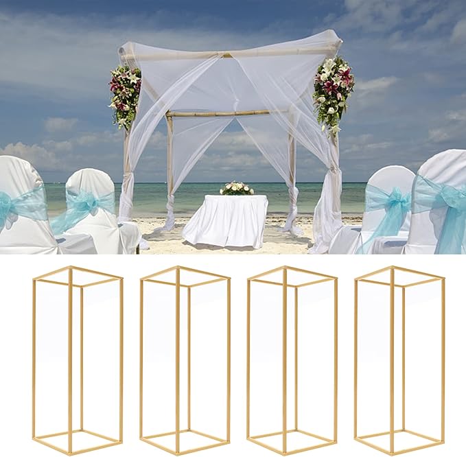 4PC 23.6" Flower Stand for Wedding Metal Cylinder Stands for Party Rectangular Gold Centerpieces Flower Vase Gold Pedestal Columns for Weddings Indoor Outdoor Flower Plant Stand Decoration